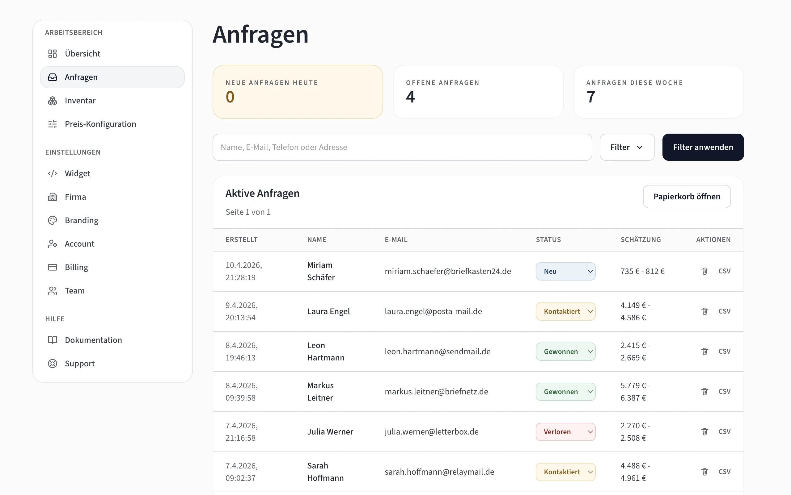 Relocera Dashboard mit Anfragenliste